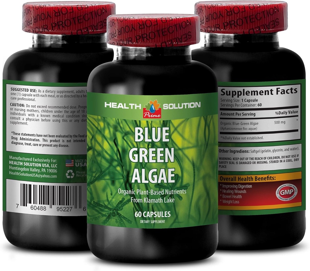 Blue Green Algae Superfood - Blue Green Algae - Blue Green Algae for Immunity - Klamath Shores Blue Green Algae, Supplément de digestion, Supplément de soutien immunitaire, Blue Green Algae Powder, 1b 60 Caps