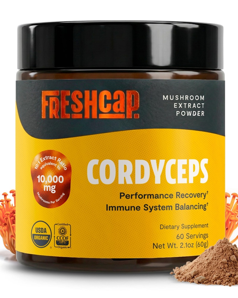 FreshCap Mushrooms Premium Organic Cordyceps Powder - 10:1 Fruiting Body Extract with 32% Beta-Glucans - 3rd-Party Tested - Ayurvedic Supports Natural Energry and Promotes Endurance (60 Servings)