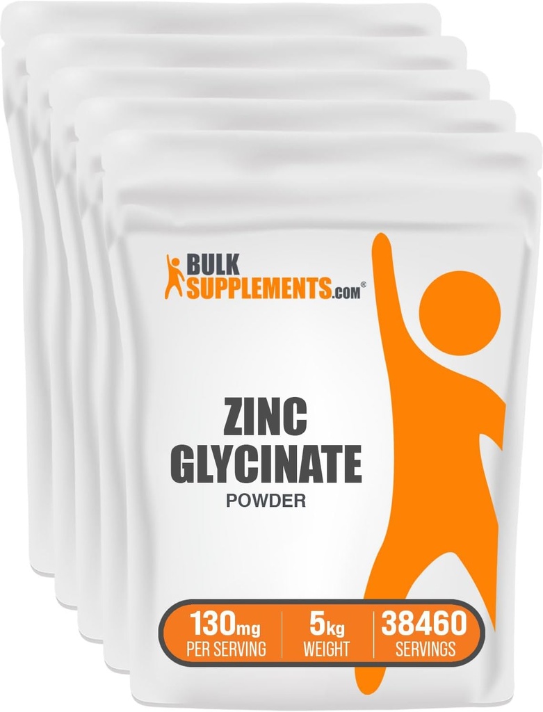 BulkSupplements.com Poudre de glycin de zinc - supplément de zinc, supplément minéral pour le support immunitaire - sans gluten, 130mg par portion, 5kg (11 lbs) (paquet de 5)