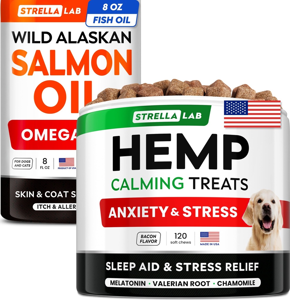 StrellaLab Salmon Oil + Calming Chews Bundle – Omega 3 for Skin, Coat & Itch Relief + Hemp & Melatonin for Stress, Anxiety & Sleep Support – EPA+DHA – 8 Fl Oz Liquid + 120 Chews – Made in USA