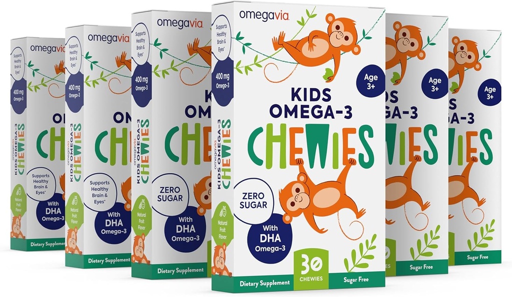 Gommies Omega 3 - Gel à croquer ultra-haut DHA - pour les enfants soutient la santé du cerveau et des yeux - Fruit naturel sans sucre - Gommies Omega 3 huile de poisson (6 pack)