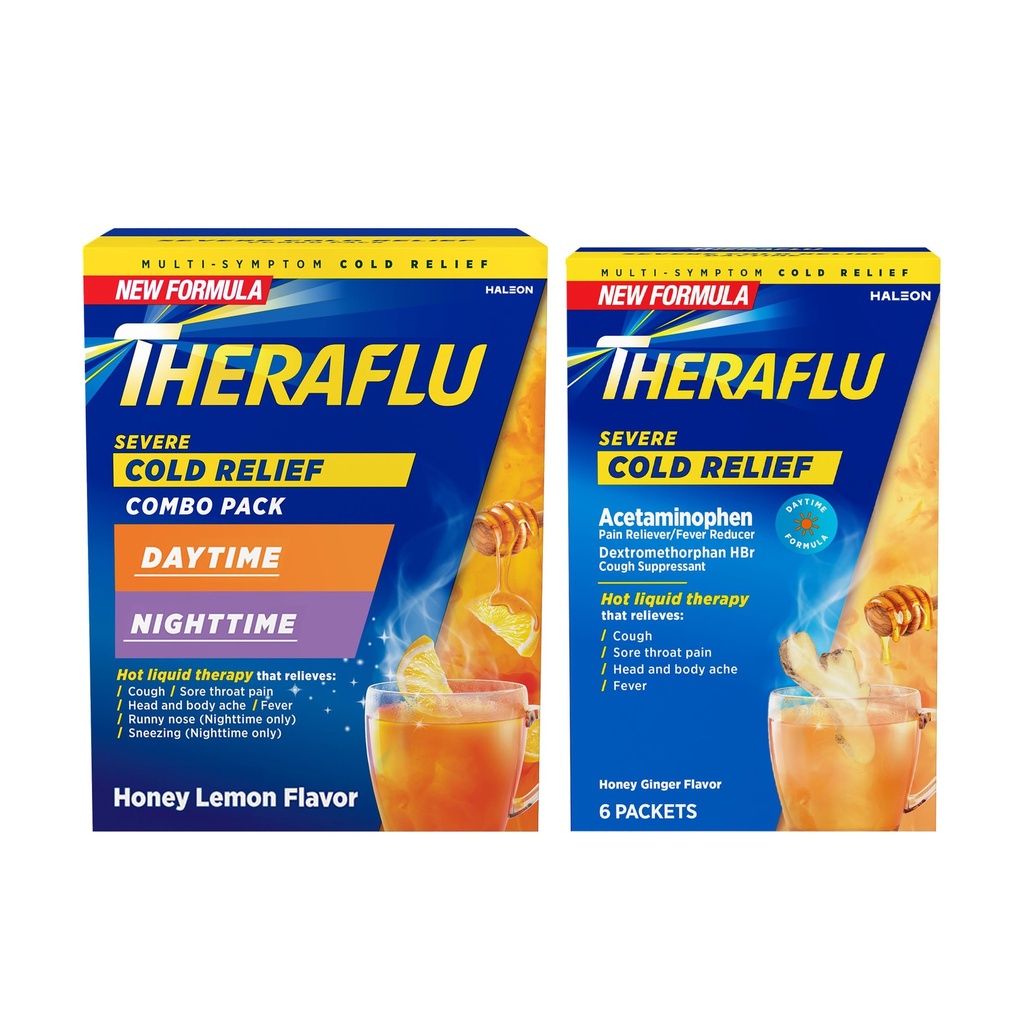 Theraflu Poudre liquide chaude de soulagement du froid sévère Combo: 12ct Daytime/Nuittime Miel Lemon Flavor + 6ct Daytime Miel Ginger Flavor
