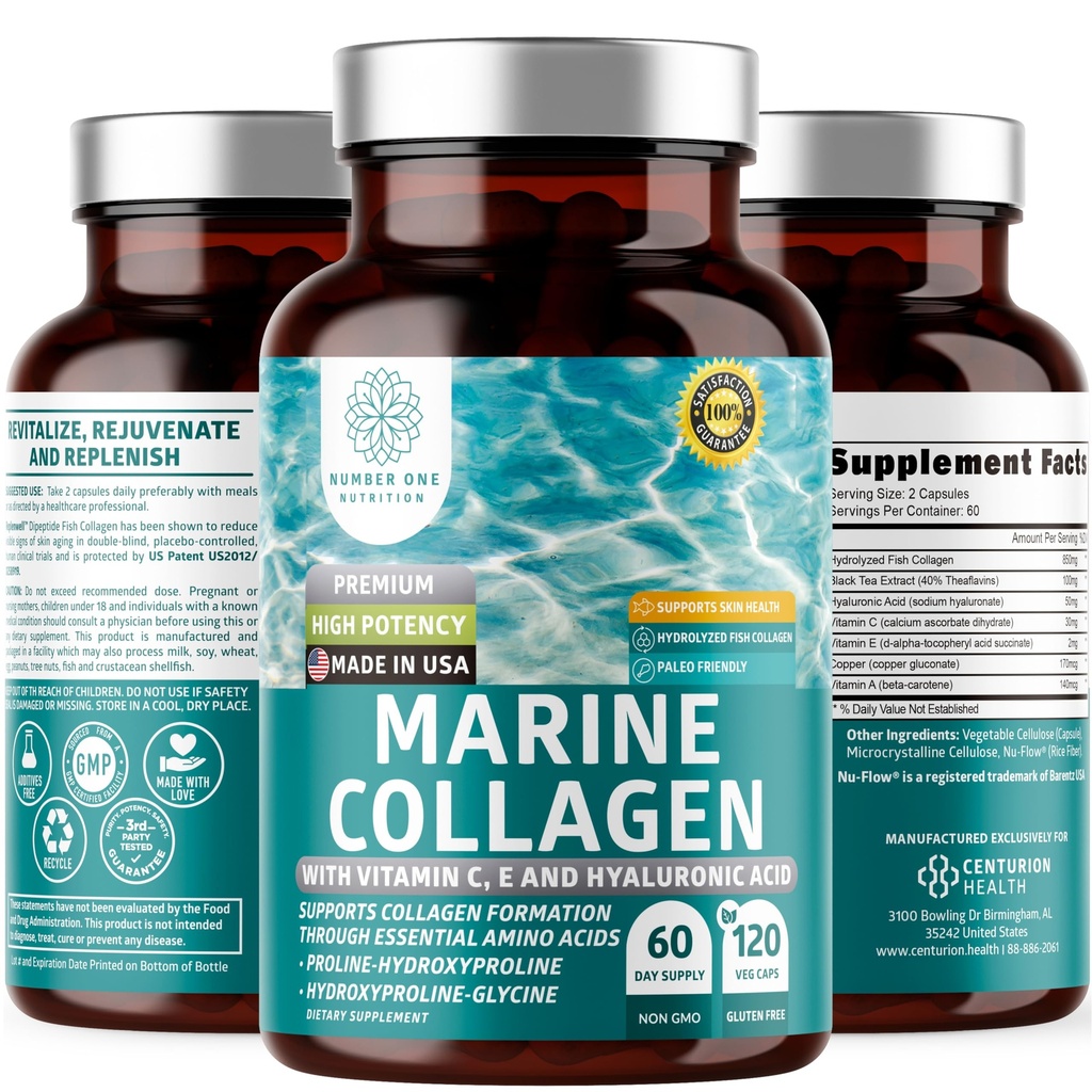Dipeptides de collagène marin de qualité supérieure avec acide hyaluronique, vitamine C, théaflavine et cuivre, supplément de collagène pour les femmes et les hommes pour la peau radiante, les cheveux et les ongles, sans gluten et sans OGM, 120 capsules de vég.