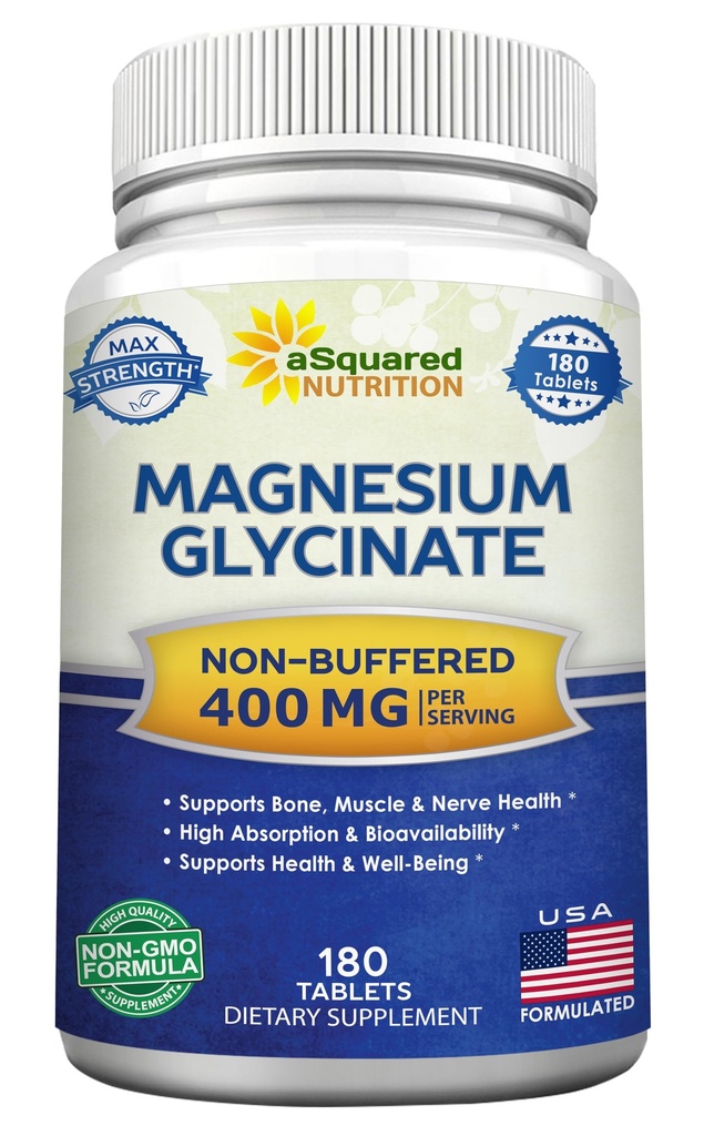 aSquared Nutrition Glycinate de magnésium 400mg - 180 comprimés - Supplément de Bisglycinate de magnésium de résistance maximale - Biodisponibilité maximale et absorption-non-OGM -Non tamponné-supporte les muscles, les os et le cœur