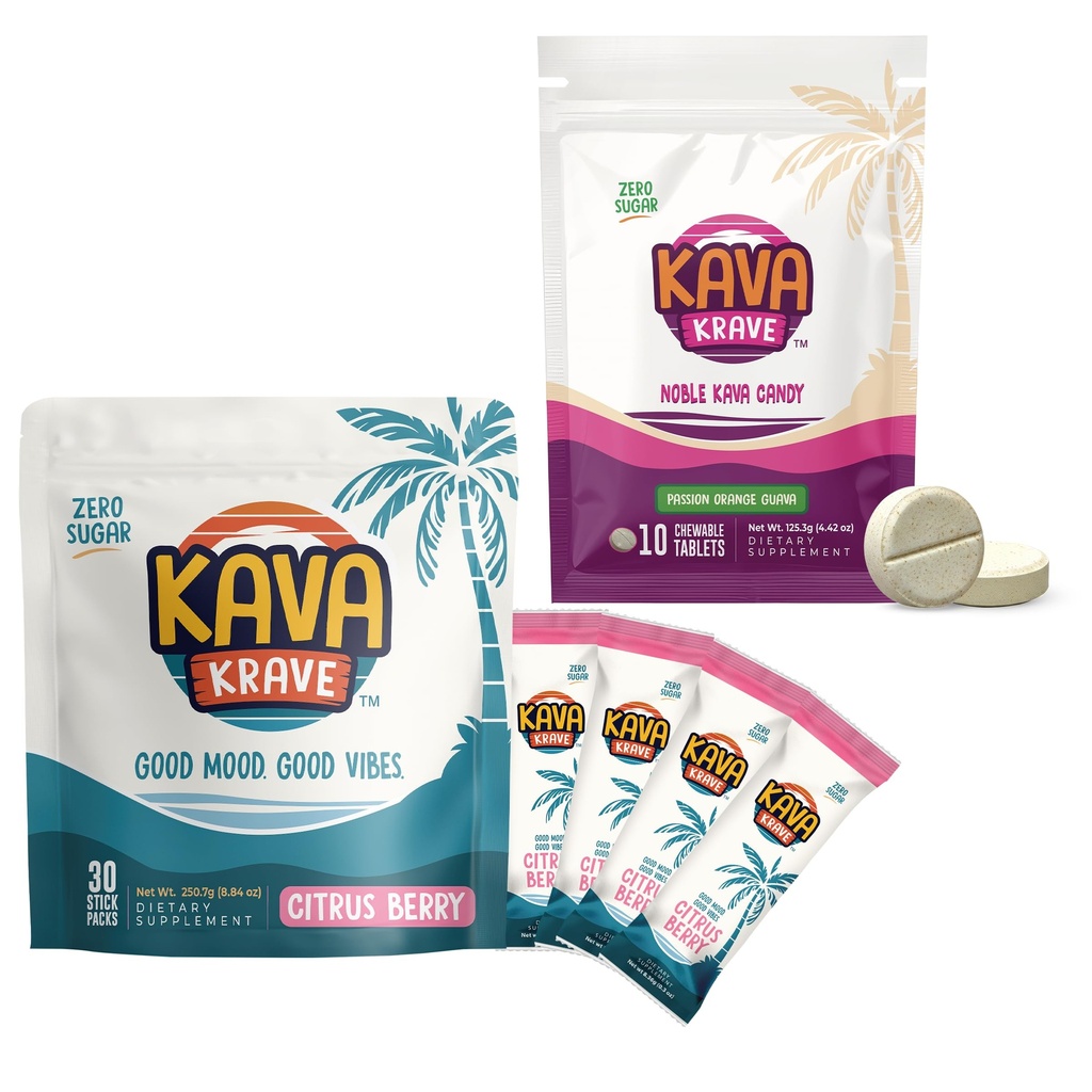 Citrus Berry Kava Drink Mix 30 Pack & Passion Orange Guava Kava Candy 30 Pack – Alcohol Alternative with Buzz, Mood Support, Stress Relief Calming Bites Without Alcohol - Calming Drink Mix Alternative