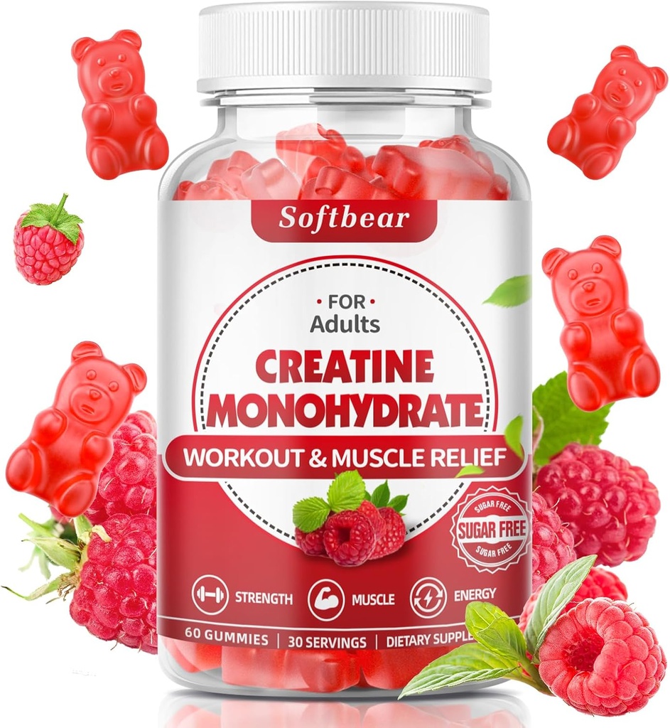 softbear Creatine Monohydrate Gommies pour hommes femmes, Vegan Creatine Supplément 5000mg Creatine HCL Pré-entraînement Gommies pour Muscle Builder Strength Flavor framboise 60 Comte