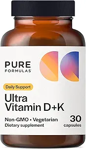 Vitamine D3 K2 Vitamine 5000 UI - VIT D3 K2 Supplément pour l'absorption de calcium, la force osseuse, le soutien de la fonction cardiovasculaire et immunitaire, sans soja, sans OGM 30 capsules végétariennes