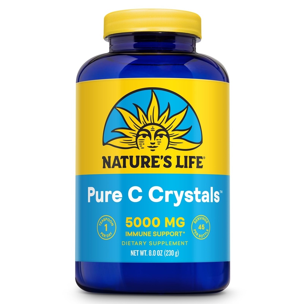 Nature's Life Pure Vitamin C Crystals - 5000mg VIT C - Antioxidant and Immune Support Supplement, Cardiovascular Support - Easy-to-Take Vitamin C Powder Crystals - 60-Day Guarantee, 45 Servings, 8oz