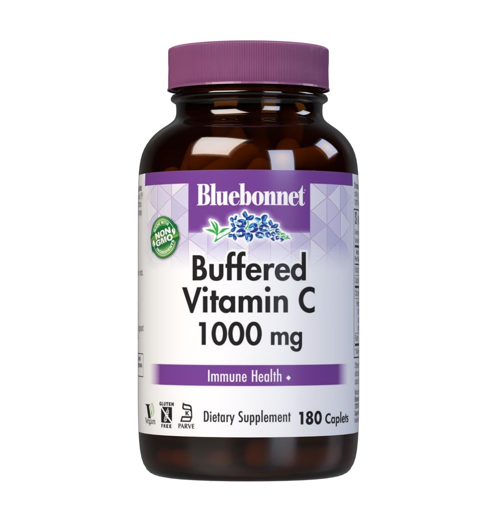 Bluebonnet Nutrition Buffered Vitamin C1000 mg Caplets Buffered Calcium Ascorbate, for Immune Health Soy Free Gluten Free NonGMO Kosher Dairy Free Vegan Caplets, White, Citrus, 180 Count
