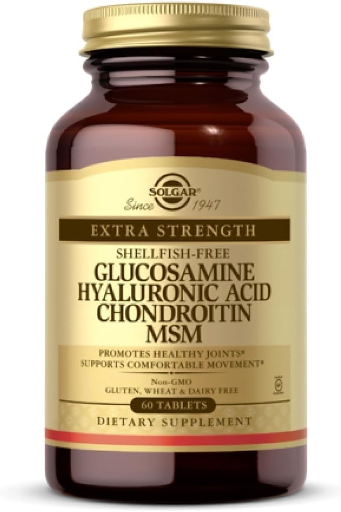 Solgar Glucosamine Acide hyaluronique Chondroitine MSM (sans shellfish), 60 comprimés - Soutien et confort conjoints - Soutient des modes de vie actifs - Non-OGM, sans gluten, sans lait - 20 portions