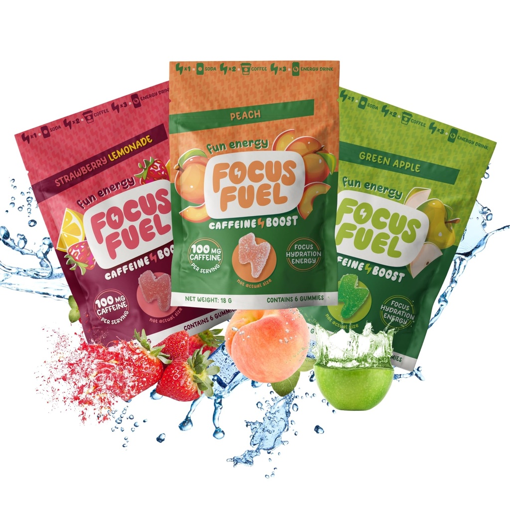 FocusFuel Energy Chews – Taille de l'essai Boîte d'échantillons variétale (9 portions) – 100mg Caféine + Alpha GPC + L-Theanine + B12, Magnésium – Pêche, pomme verte, citronnade de fraise – Pas de crash ou de jitters