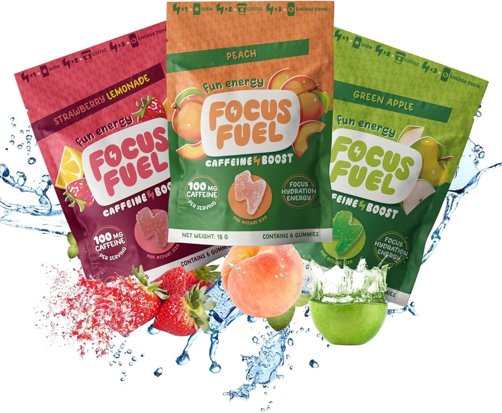 FocusFuel Energy Chews – Taille de l'essai Boîte d'échantillons variétale (9 portions) – 100mg Caféine + Alpha GPC + L-Theanine + B12, Magnésium – Pêche, pomme verte, citronnade de fraise – Pas de crash ou de jitters