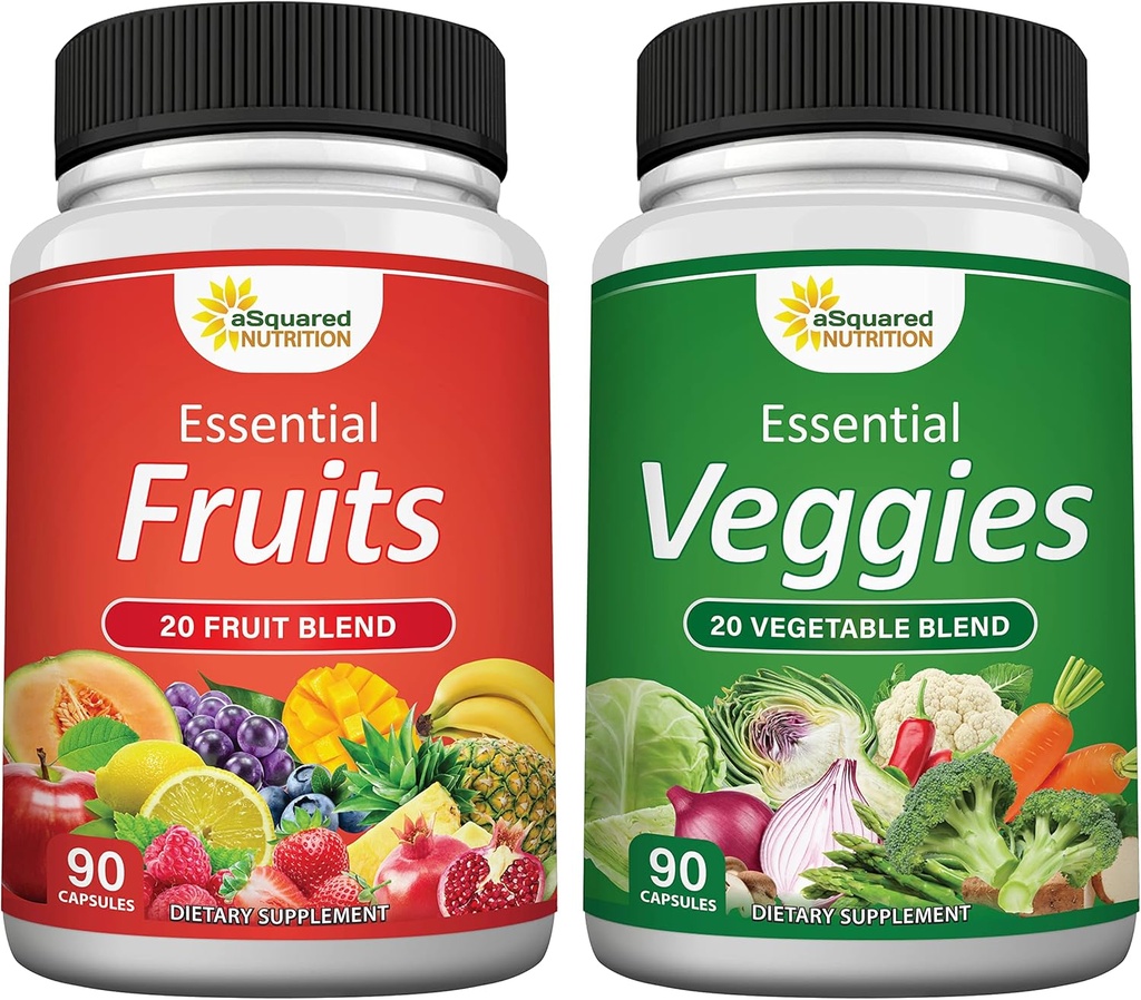 aSquared Nutrition Fruits and Veggies Supplement - 90 Gélules de légumes et 90 Gélules de fruits - Superfood Légume Verts Vitamines Pills - Super Food Alternative de la nature à la poudre et aux gommes