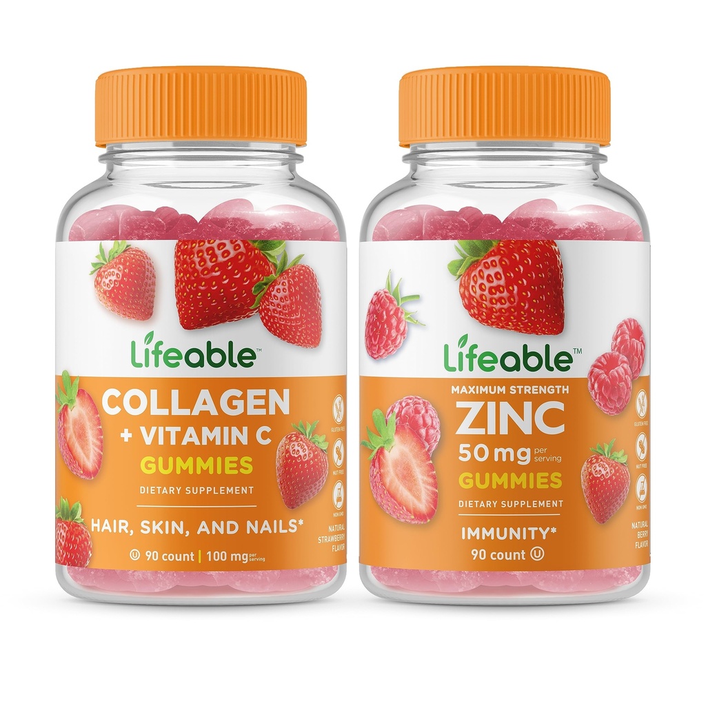 Collagène et vitamine C à vie + zinc 50mg, Gummies Bundle - Grande dégustation, supplément de vitamine, sans gluten, sans OGM, gummy à croquer