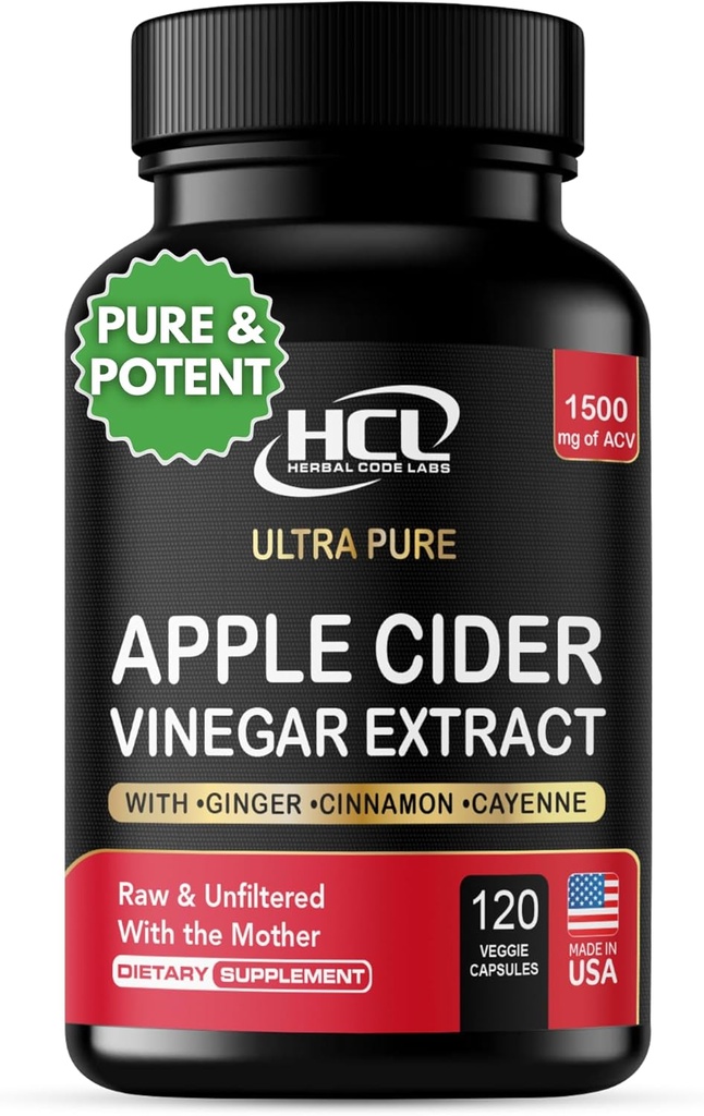 Capsules de vinaigre de cidre de pomme Extrait de 1500 mg avec la mère - Extra force cru pilules de cidre de pomme w Ginger Cayenne cannelle - Detox Potent Système de nettoyage ACV Supplément