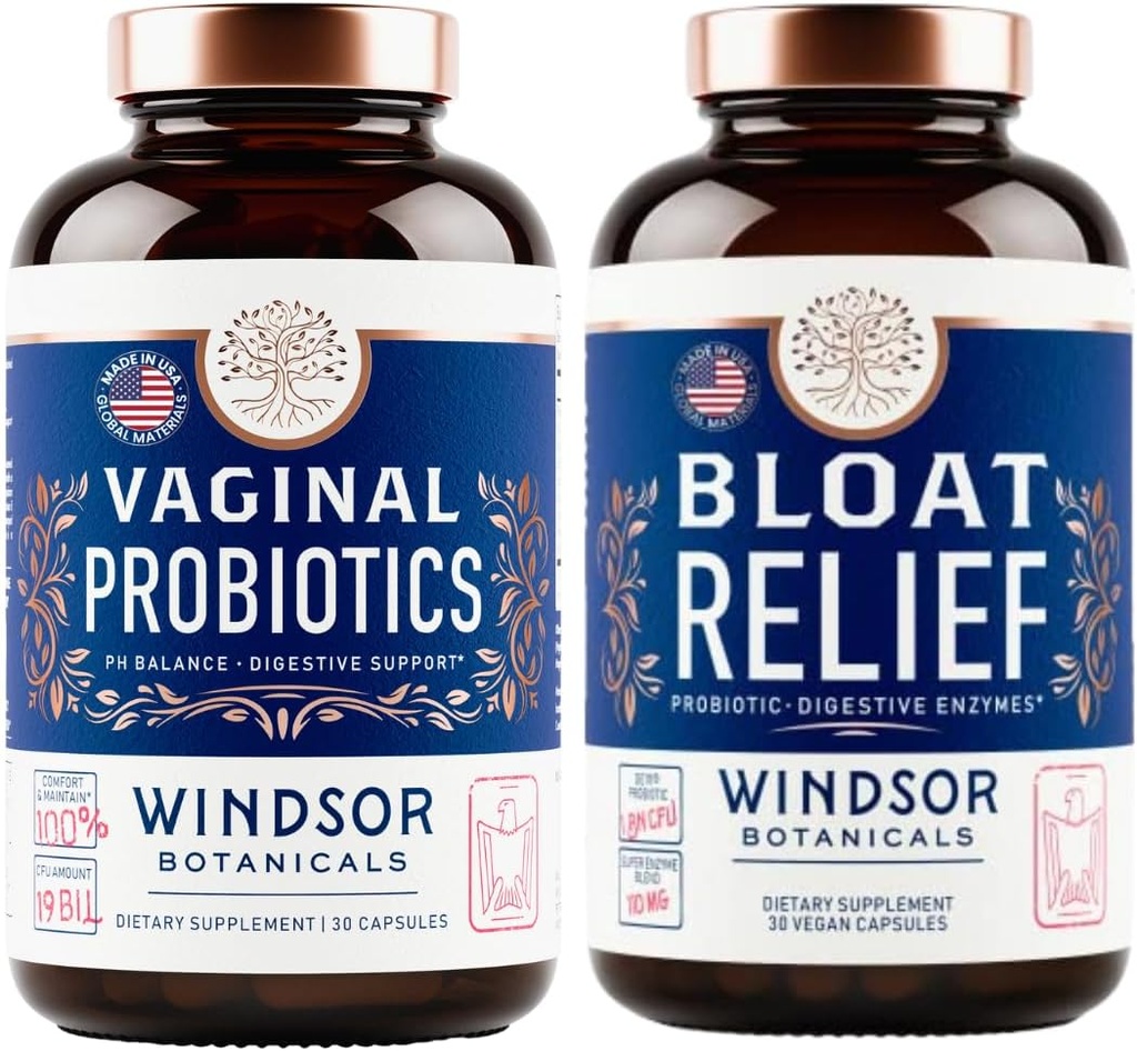 BOTANIQUES DE WINDSOR Probiotique de soulagement de la Bloat avec enzymes et probiotiques vaginaux - Ensemble de santé digestif et vaginale