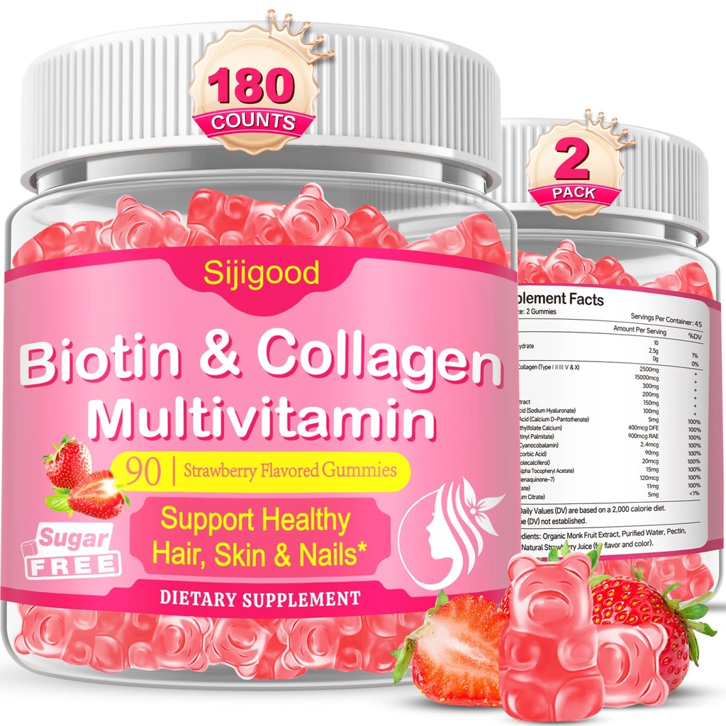 180 Count | Collagen Peptides Gummies for Women Men, Collagen Gummies with Multi Hydrolyzed Protein Type I,II,III,V,X, Biotin, Vitamin C B12 D A E for Skin Hair Nails, Bone, Sugar Free