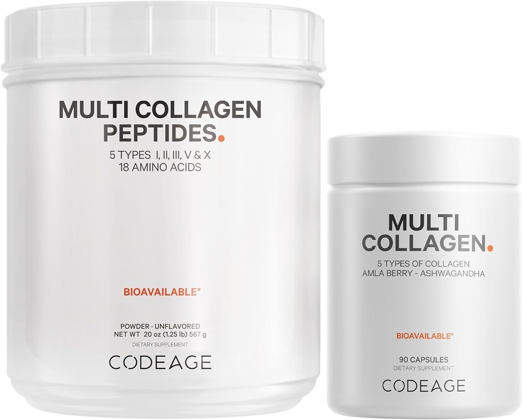 Codeage Multi Collagène Protein Capsules & Multi Collagène Protein Powder Bundle de Multi Collagène, Collagène Types I, II, II, V & X, 90 Comte de Multi Collagène Peptides - Pure, Hydrolysé, 20 oz