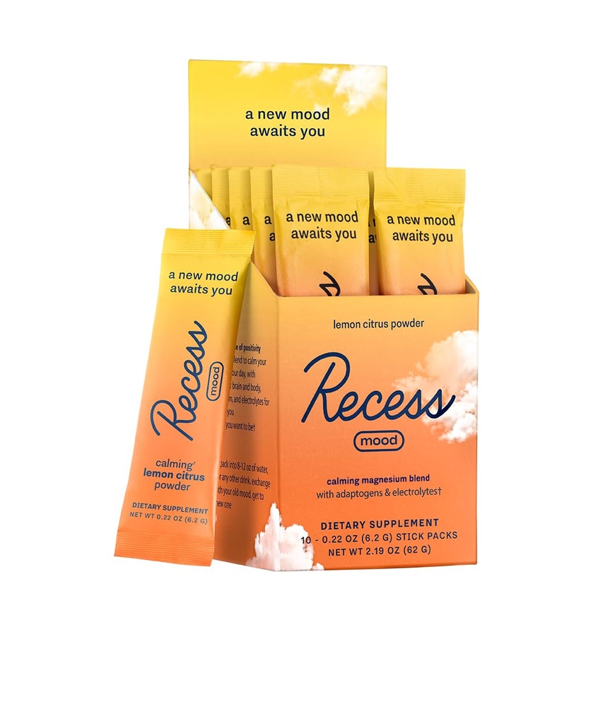 Recess Mood Powder, Calmant Magnésium L-Thréonate Mélange avec Passion Flower, L-Theanine, Electrolytes, Magnésium Calm Support Poudre Supplément - Citrus citron Pack de 10