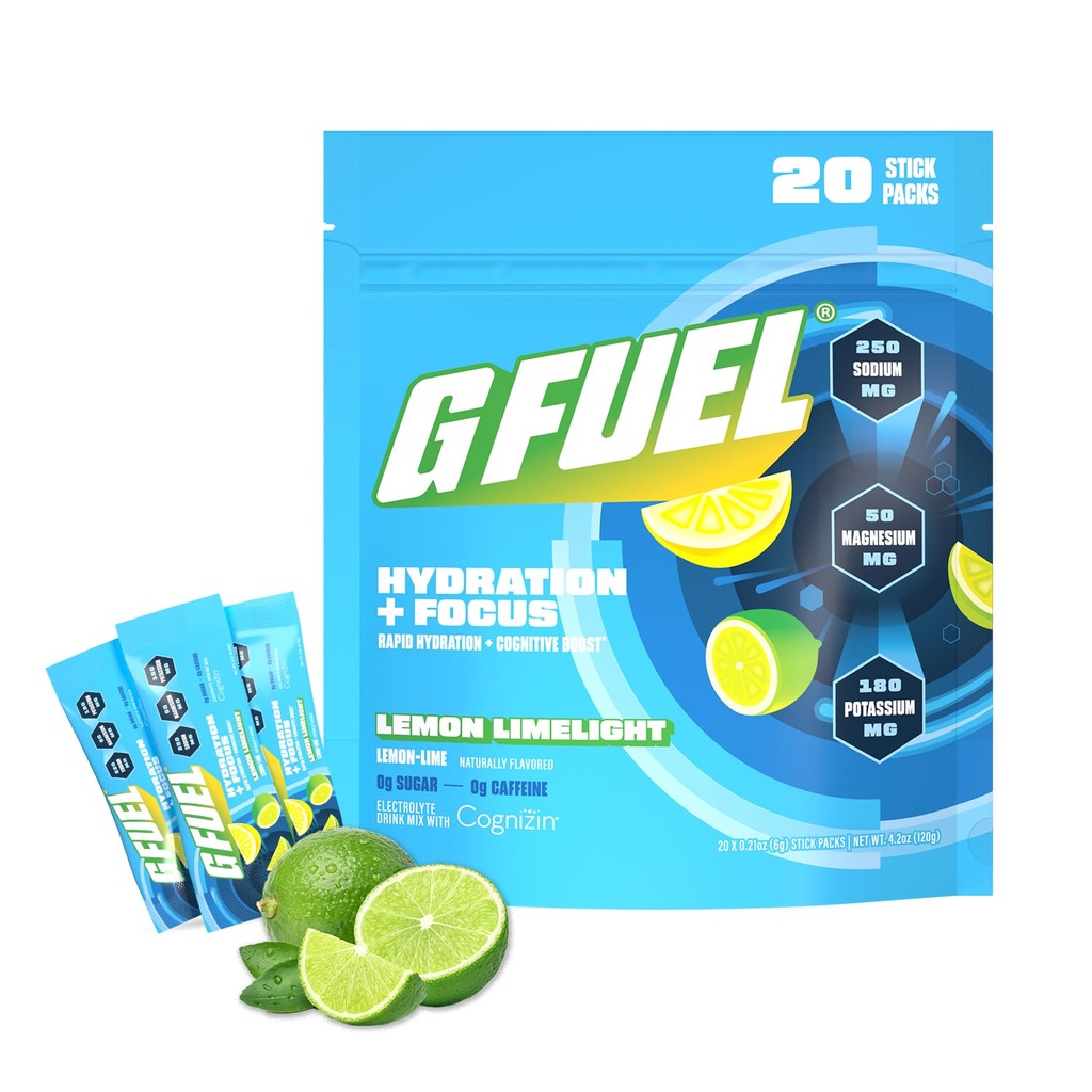 G Fuel Electrolytes Powder for Instant Hydration and Focus | Sugar Free, Lemon Lime Flavor, Electrolyte and Nootropic Drink Mix to Sharpen Mental Focus, 20 Servings