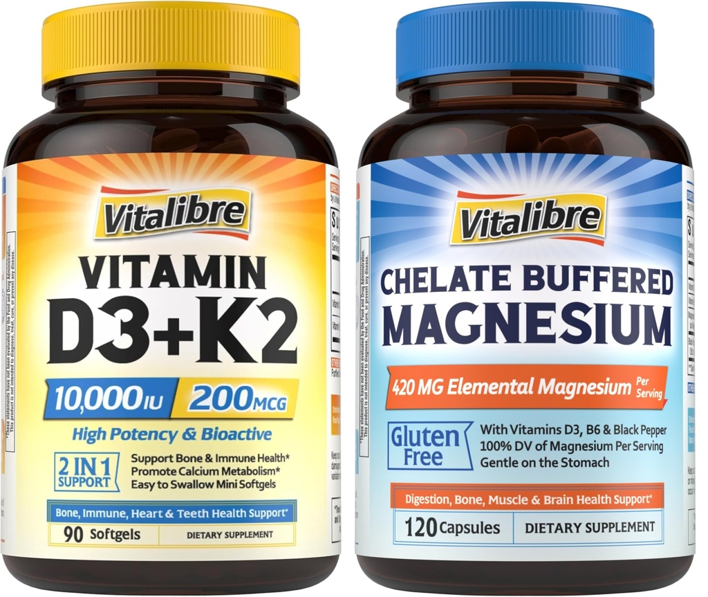 Vitalibre Vitamin D3 K2 Supplement 10000 IU 90 Softgels and Magnesium Citrate 420mg with Vitamin D3 & B6 120 Capsules