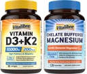Vitalibre Vitamin D3 K2 Supplement 10000 IU 90 Softgels and Magnesium Citrate 420mg with Vitamin D3 & B6 120 Capsules