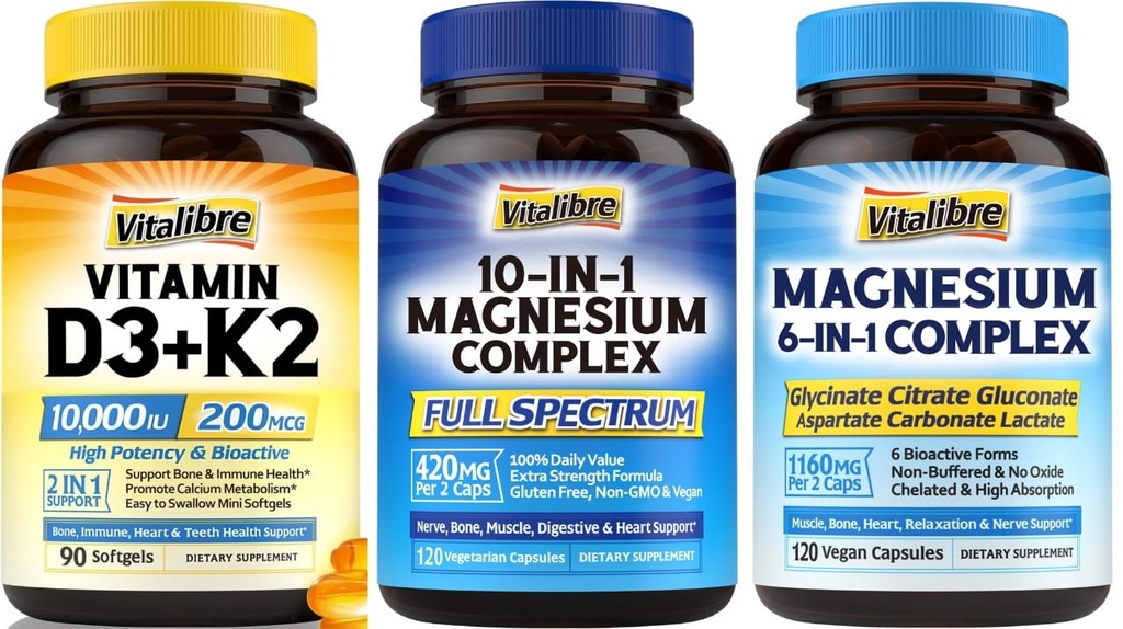 Vitalibre Vitamin D3 K2 Supplement, 10000 IU D3 / 200 mcg K2 MK7 with Magnesium Complex 6 in 1 and Magnesium Complex 10 in 1 (3 Packs)