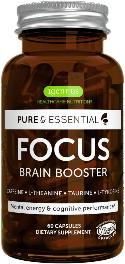Igennus Focus - Nootropic avec 200 mg de caféine naturelle, vitamines B méthylées, L-Theanine, Taurine, L-Tyrosine, énergie propre, booster cerveau et performance cognitive, non jittery, 60 capsules