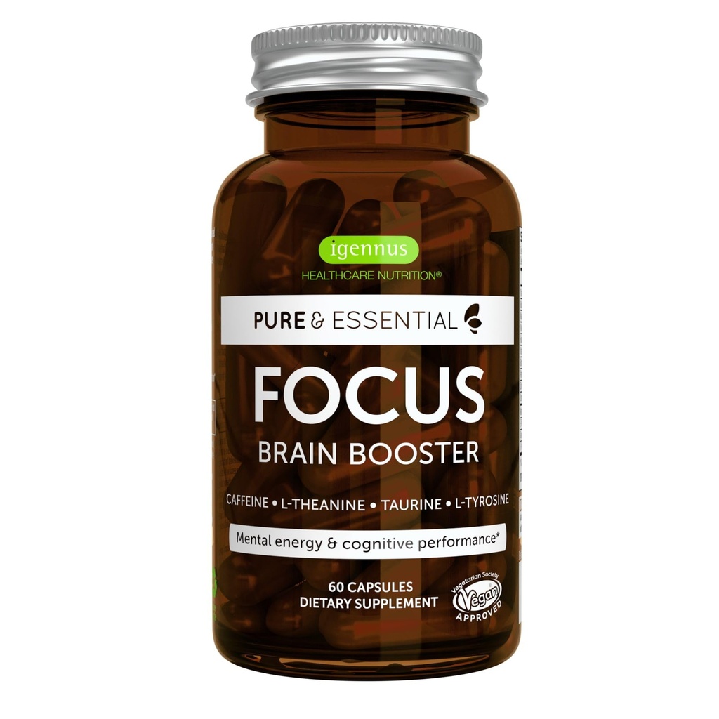 Igennus Focus - Nootropic avec 200 mg de caféine naturelle, vitamines B méthylées, L-Theanine, Taurine, L-Tyrosine, énergie propre, booster cerveau et performance cognitive, non jittery, 60 capsules