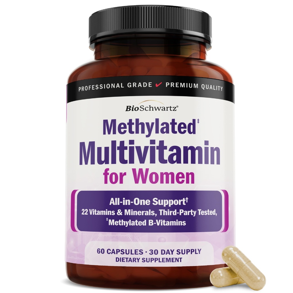 BioSchwartz Methylated Multivitamin for Women - 22 Essential Vitamins & Minerals with B Complex, Folic Acid, Biotin & More - Womens Multivitamin for Energy, Immunity, Skin, Hair & Nails - 60 Capsules