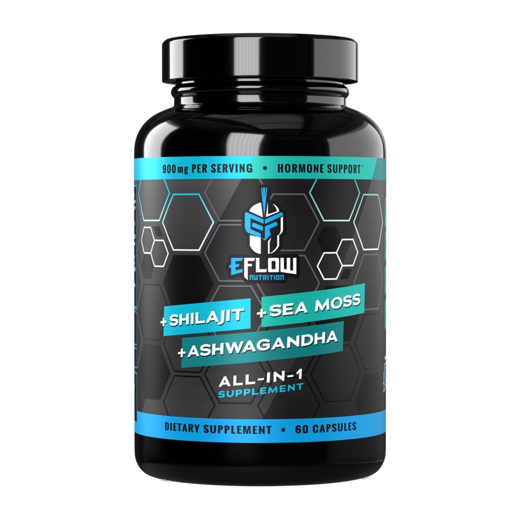 eFlow Nutrition Shilajit Capsules, Ashwagandha, Sea Moss [All-in-1] Trace Minerals, Fulvic Acid, Lab Tested Pure Himalayan Shilajit for Men & Women | Energy, Vitality & Hormonal Support (60 Capsules)