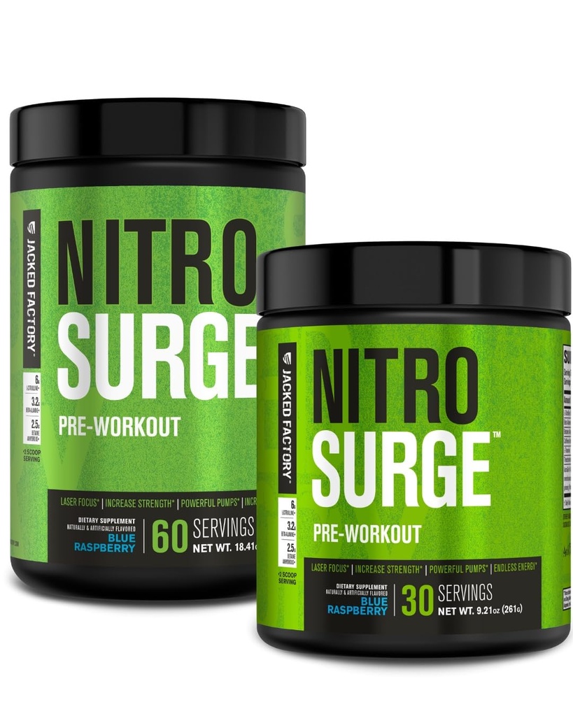 Supplément de pré-entraînement Jacked Factory NITROSURGE - Booster d'énergie, gains de force instantanés, accent clair et pompes intenses - NO Booster et puissant pré-entraînement Poudre d'énergie - 90 portions, framboise bleue