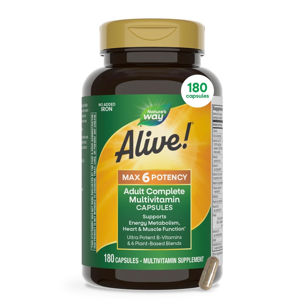 Nature's Way Alive! Max6 Potency Adult Complete Multivitamin with No Iron Added, Antioxidant Vitamins A, C, E, B-Vitamins Including Methylated B12 & Folate, Energy Metabolism Support*, 180 Capsules