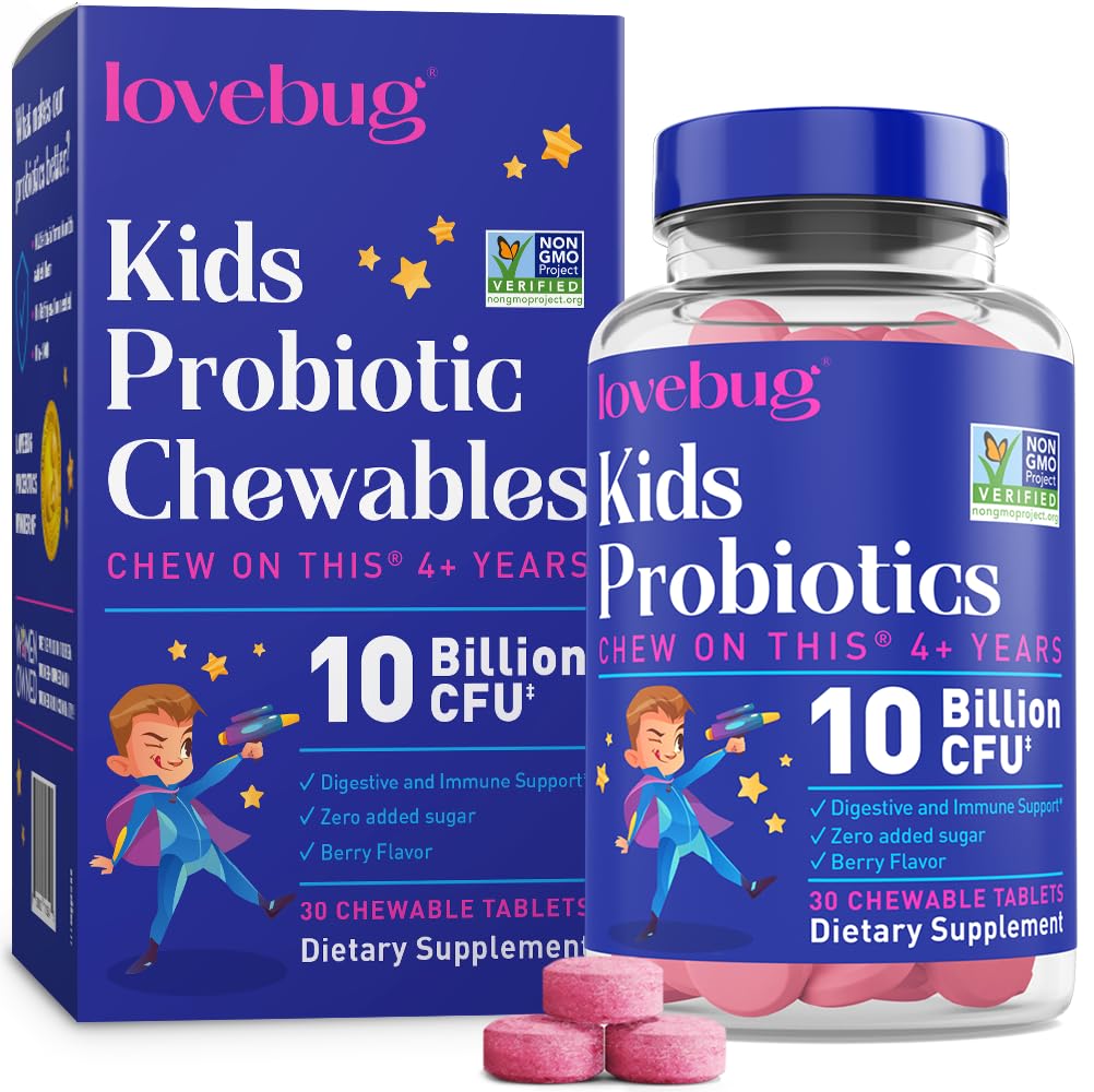 LOVEBUG Probiotiques pour les enfants – Probiotiques à croquer avec fibre prébiotique pour l'âge de 4 ans et plus, Supplément pour la santé quotidienne des enfants et le soutien digestif, Berry Flavor sans sucre, 30 comtes