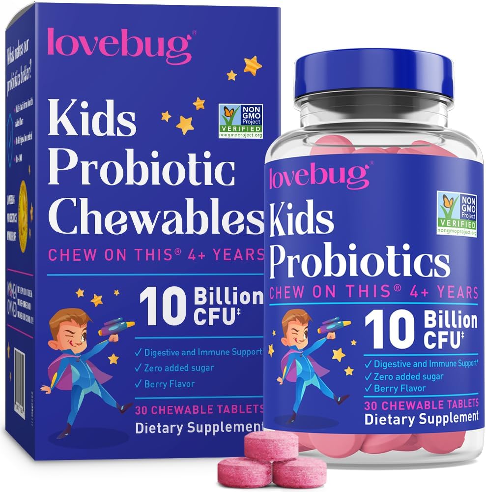 LOVEBUG Probiotiques pour les enfants – Probiotiques à croquer avec fibre prébiotique pour l'âge de 4 ans et plus, Supplément pour la santé quotidienne des enfants et le soutien digestif, Berry Flavor sans sucre, 30 comtes