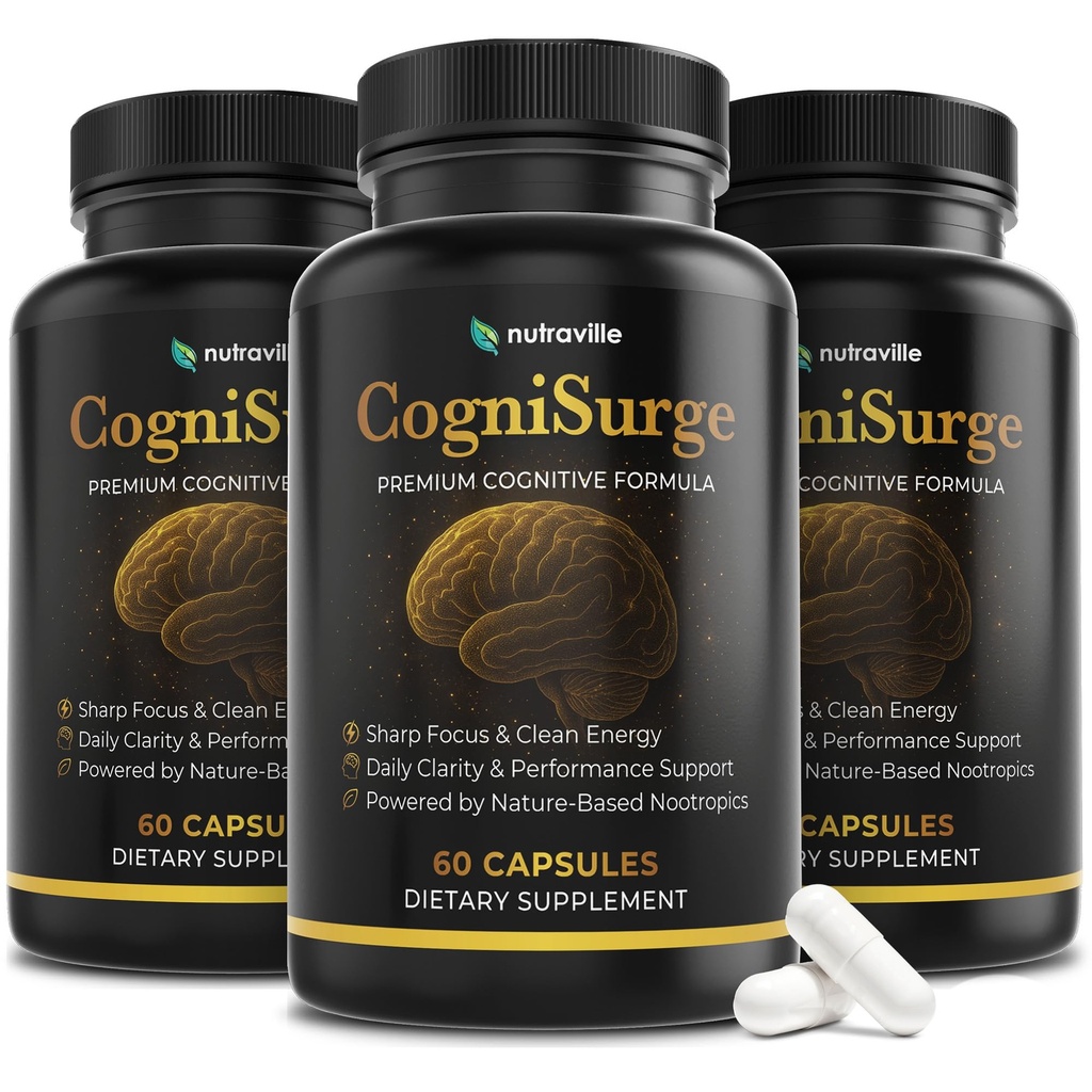 CogniSurge Nootropics Brain Support Supplement for Memory and Focus - Nature-Powered Lion's Mane Supplement Capsules with Shilajit - No Caffeine or Stimulants - 3 Pack