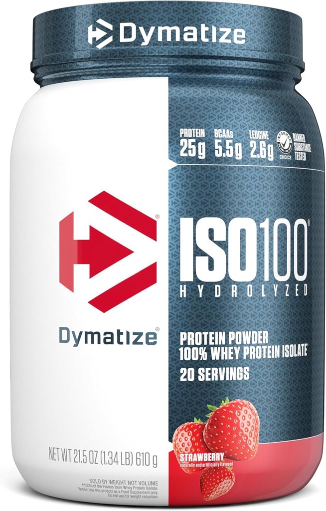 Dymatiser la poudre de protéines de lactosérum ISO100, fraise, 25g de protéines, 5,5g de BCAA, moins de 120cal., sans gluten, 1g de gras, 1g de sucre, 2g de glucides (20 portions)