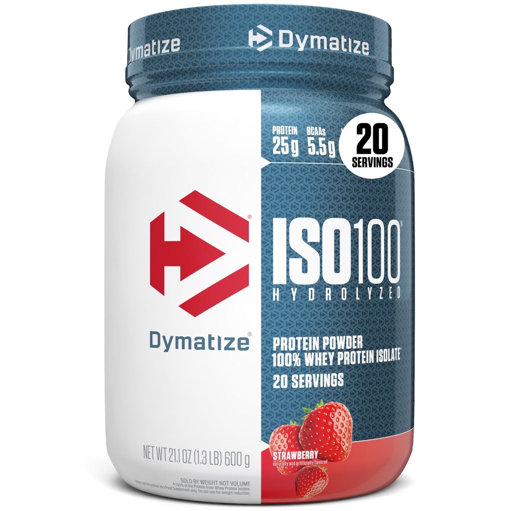 Dymatiser la poudre de protéines de lactosérum ISO100, fraise, 25g de protéines, 5,5g de BCAA, moins de 120cal., sans gluten, 1g de gras, 1g de sucre, 2g de glucides (20 portions)