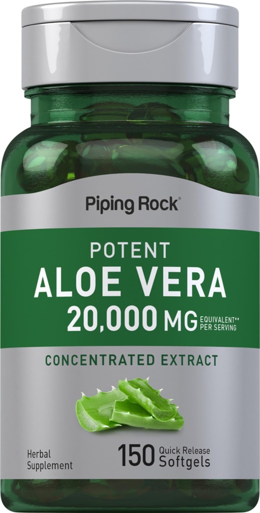 Pipeping Rock Aloe Vera Capsules 20000mg , 150 Softgels , Supplément d'extrait concentré , sans OGM , sans gluten