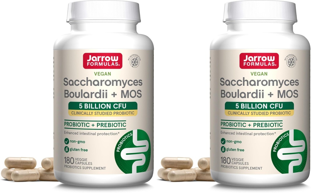 Jarrow Formulas Saccharomyces Boulardii+MOS Probiotics for Digestive Health & Intestinal Tract Support-5 Billion CFU Per Serving-180 Delayed Release Caps - Probiotic+Prebiotic-180 Servings,(Pack of 2)