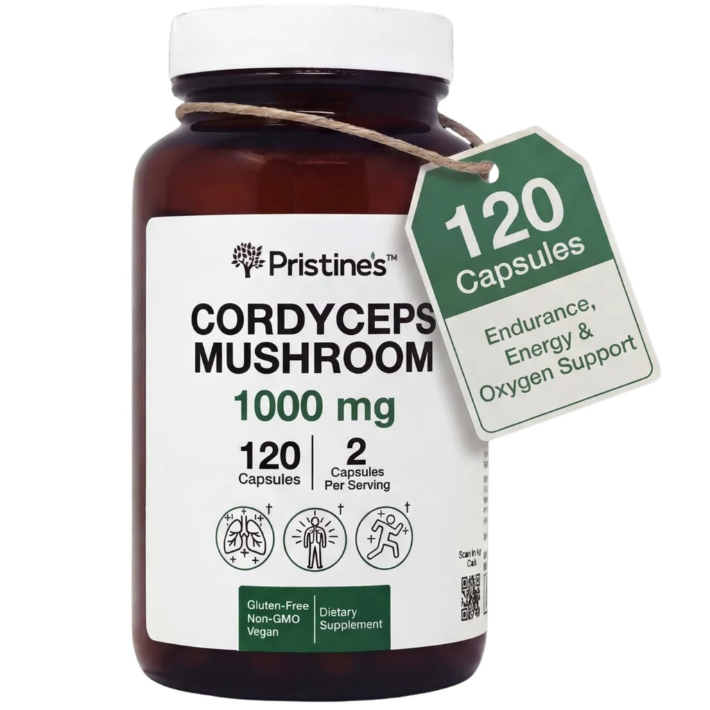 PRISTINE'S Cordyceps Capsules de champignons - Approvisionnement de 60 jours 1000 MG - Performance athlétique, Endurance et Immunity Supplément adaptogène - Anti-vieillissement Soutien Antioxydant