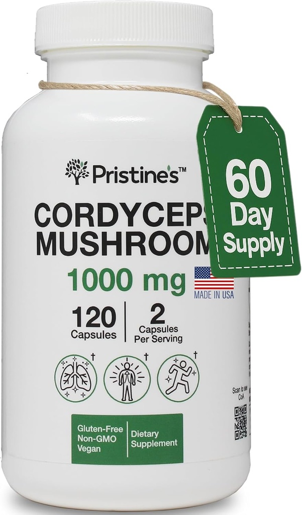 PRISTINE'S Cordyceps Capsules de champignons - Approvisionnement de 60 jours 1000 MG - Performance athlétique, Endurance et Immunity Supplément adaptogène - Anti-vieillissement Soutien Antioxydant