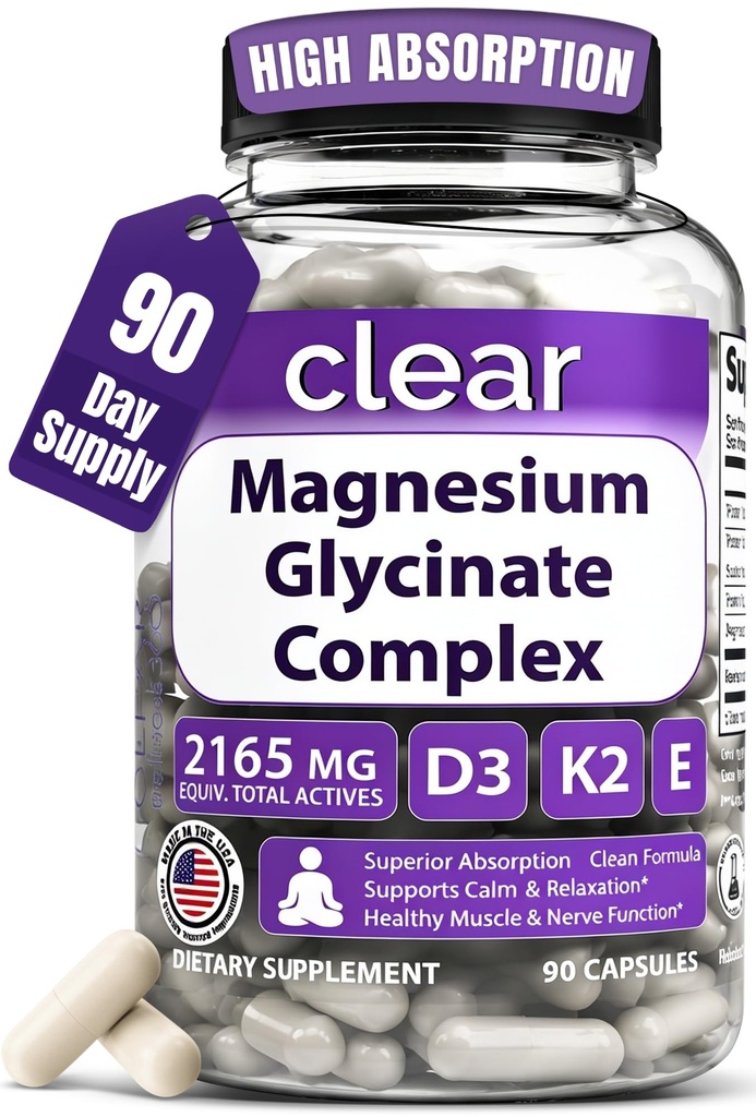 Clear Magnesium Glycinate Complex 160mg High Absorption Chelated + D3 K2 E