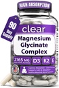 Clear Magnesium Glycinate Complex 160mg High Absorption Chelated + D3 K2 E