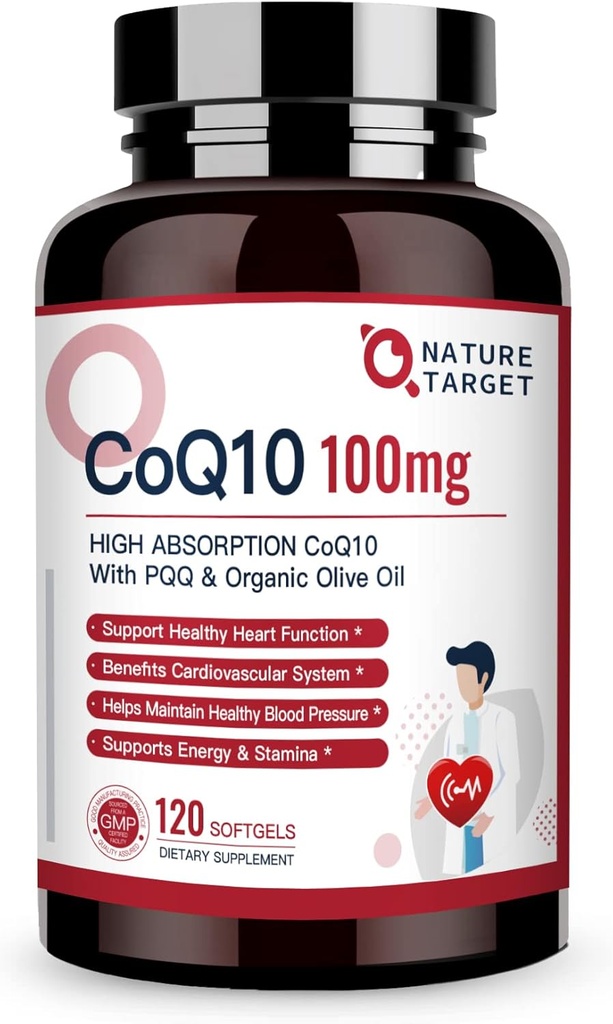 NATURE TARGET CoQ10-100mg-Softgels avec 10mg PQQ - Coenzyme d'absorption élevée-Q10 avec huile organique-olive - Antioxydant pour la santé du coeur et du cerveau, production d'énergie cellulaire, 120 portions