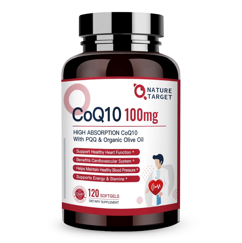 NATURE TARGET CoQ10-100mg-Softgels avec 10mg PQQ - Coenzyme d'absorption élevée-Q10 avec huile organique-olive-huile - Antioxydant pour la santé du coeur et du cerveau, production d'énergie cellulaire, 120 portions
