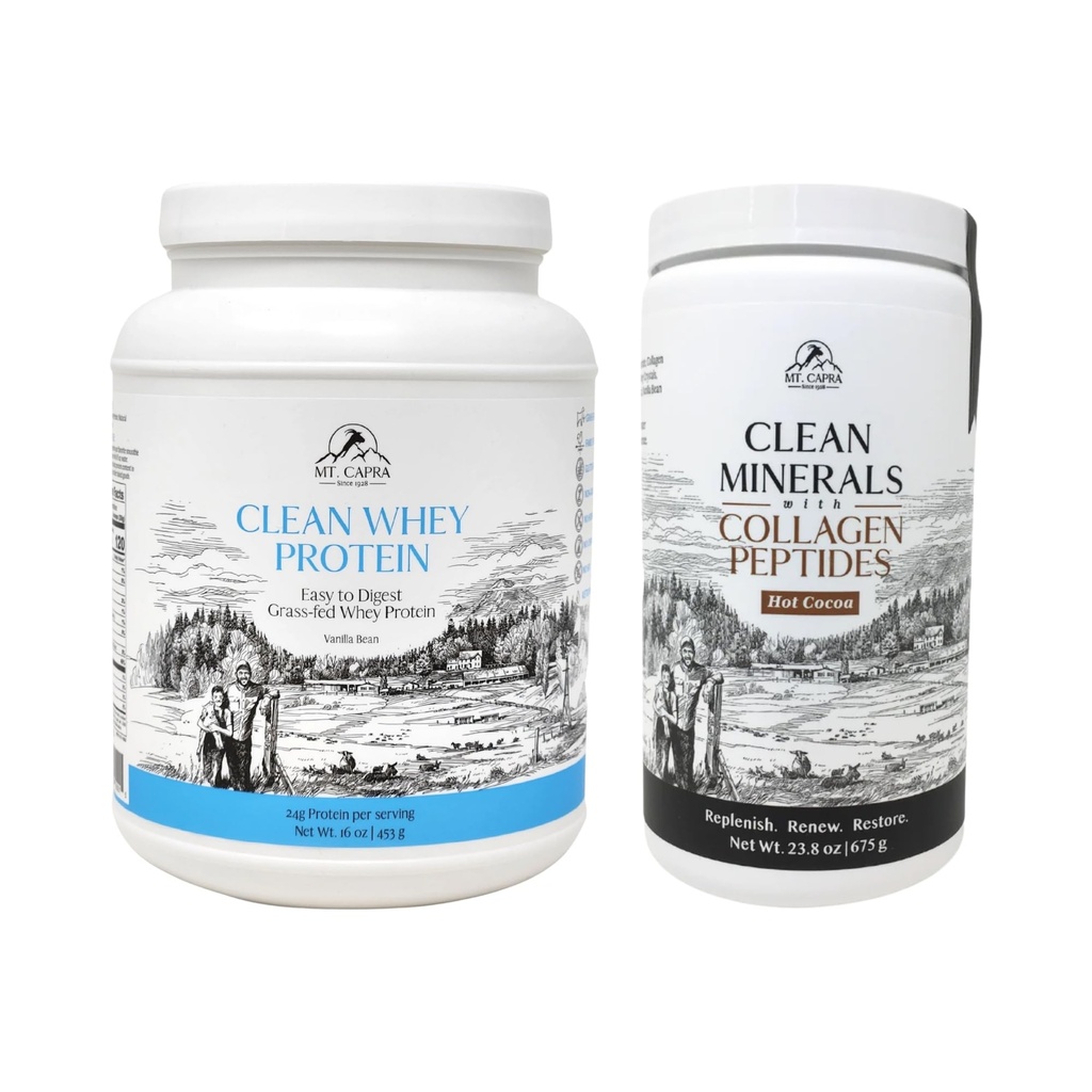 Mt. Capra Clean Whey Protein (Vanilla Bean) and Clean Minerals with Collagen Peptides (Hot Cocoa)