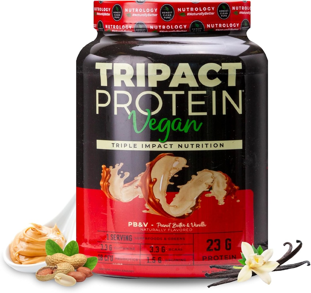 Nutrology TRIPACT Vegan Protein Powder - Organic Pea, Rice & Pumpkin Protein, BCAAs & Glutamine Plant-Based Meal Replacement Shakes for Muscle Recovery & Immunity, Peanut Butter & Vanilla, 20 Servings