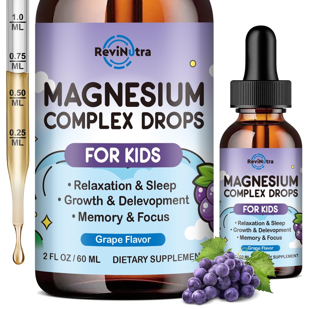 Magnesium Glycinate Liquid for Kids, Kids Magnesium Liquid Drops Supplement with L-Theanine, Calcium, Zinc, Vitamin D3 K2 for Sleep Calm Relaxation Brain Bones Focus, Grape Flavor 2 Fl Oz
