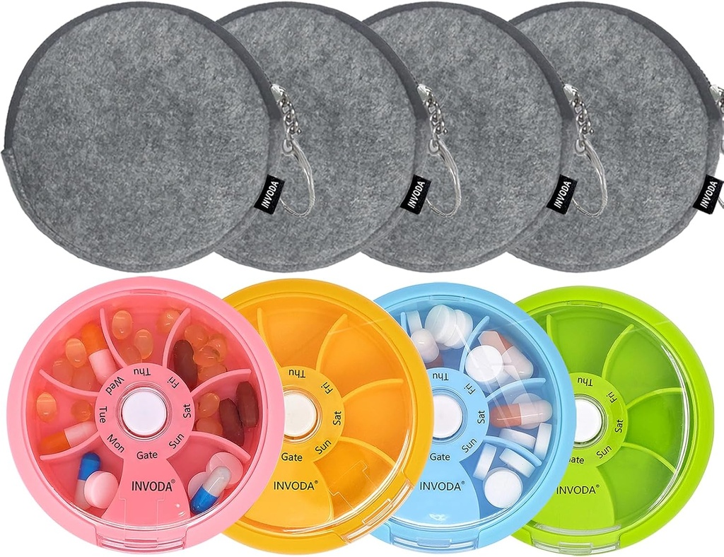 Organisateur hebdomadaire de pilules INVODA 7 compartiments Boîte à pilules rotatives pour les médicaments quotidiens et les vitamines - Portable Travel Pill Case Suppléments d'huile de poisson Organisateur de vitamines (4 compartiments + 4 sacs)